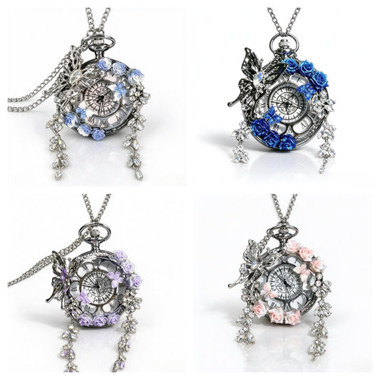 Movable Butterfly Pocket Watch, Handmade Floral Quartz Pocket Watch Necklace