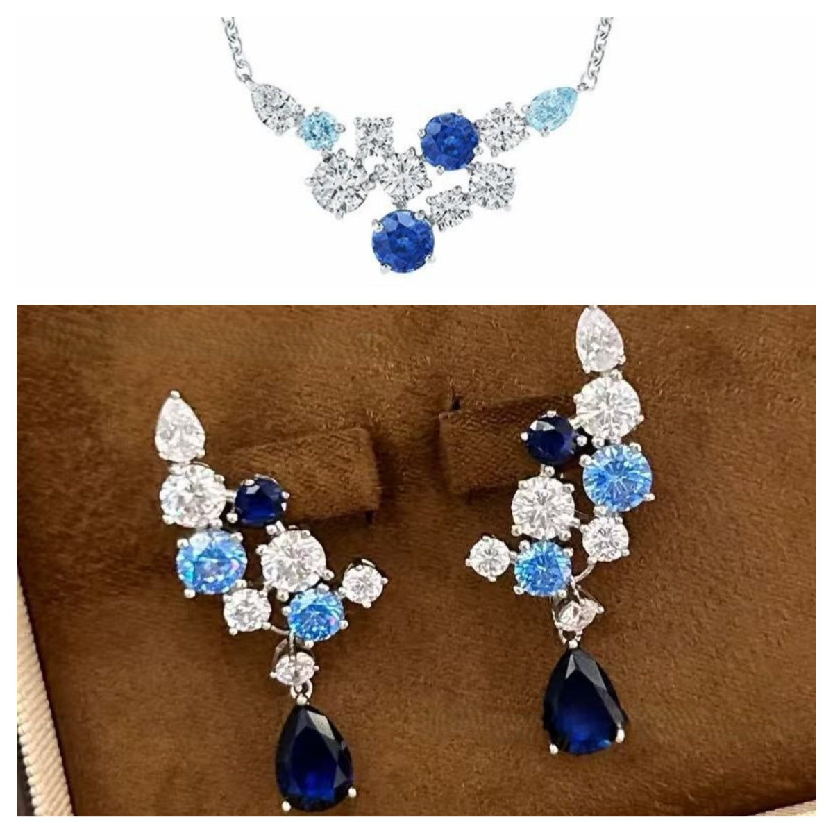 Blue diamond copper plated gold earrings necklace set