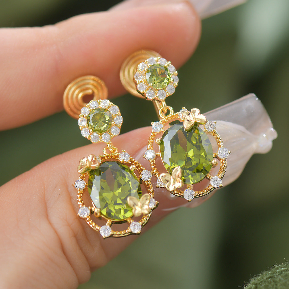 Butterfly olive green zircon hollow earrings ear clip ring bracelet necklace