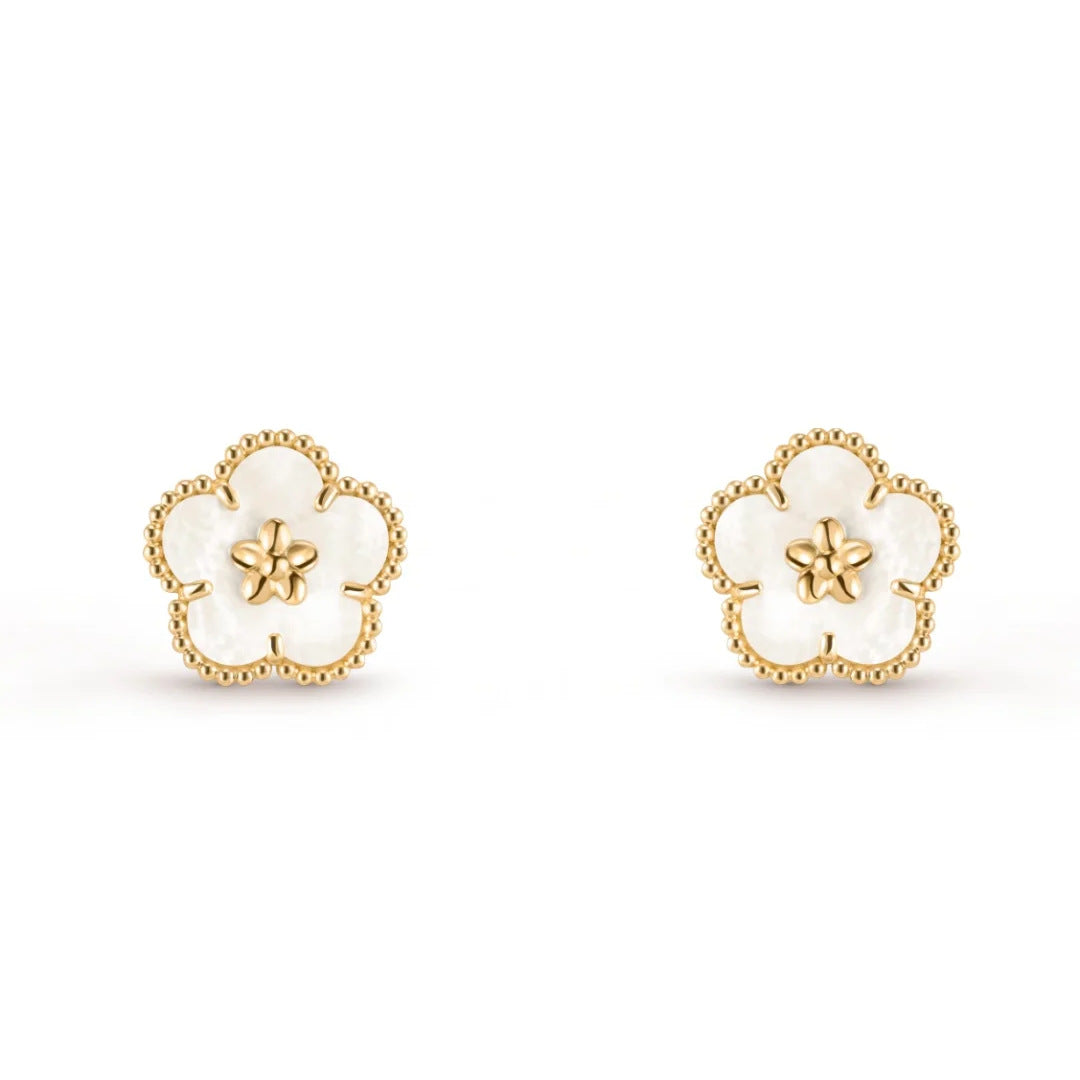 18K Gold Plated Blue Butterfly Five-Flower Bracelet, Necklace, Ring and Earrings, Mother Of Pearl With Green Leaf Charms