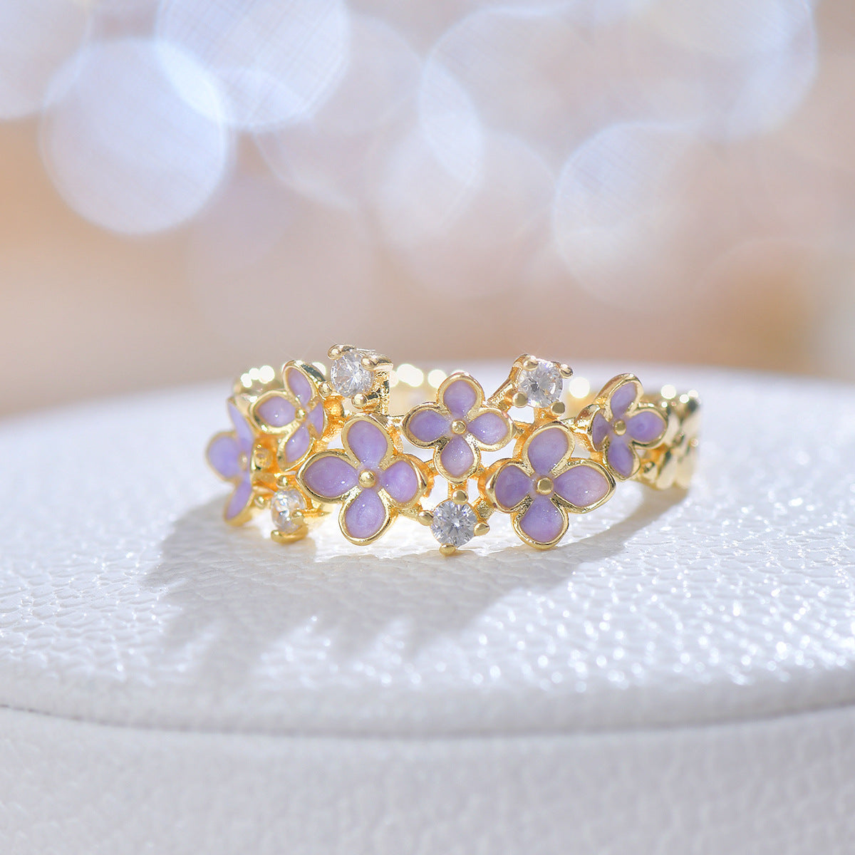 Purple flower dripping zircon butterfly opening ring