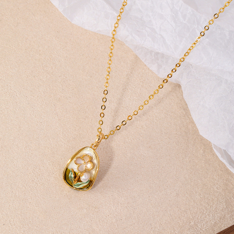 Copper-plated 18k gold oil painting pearl necklace