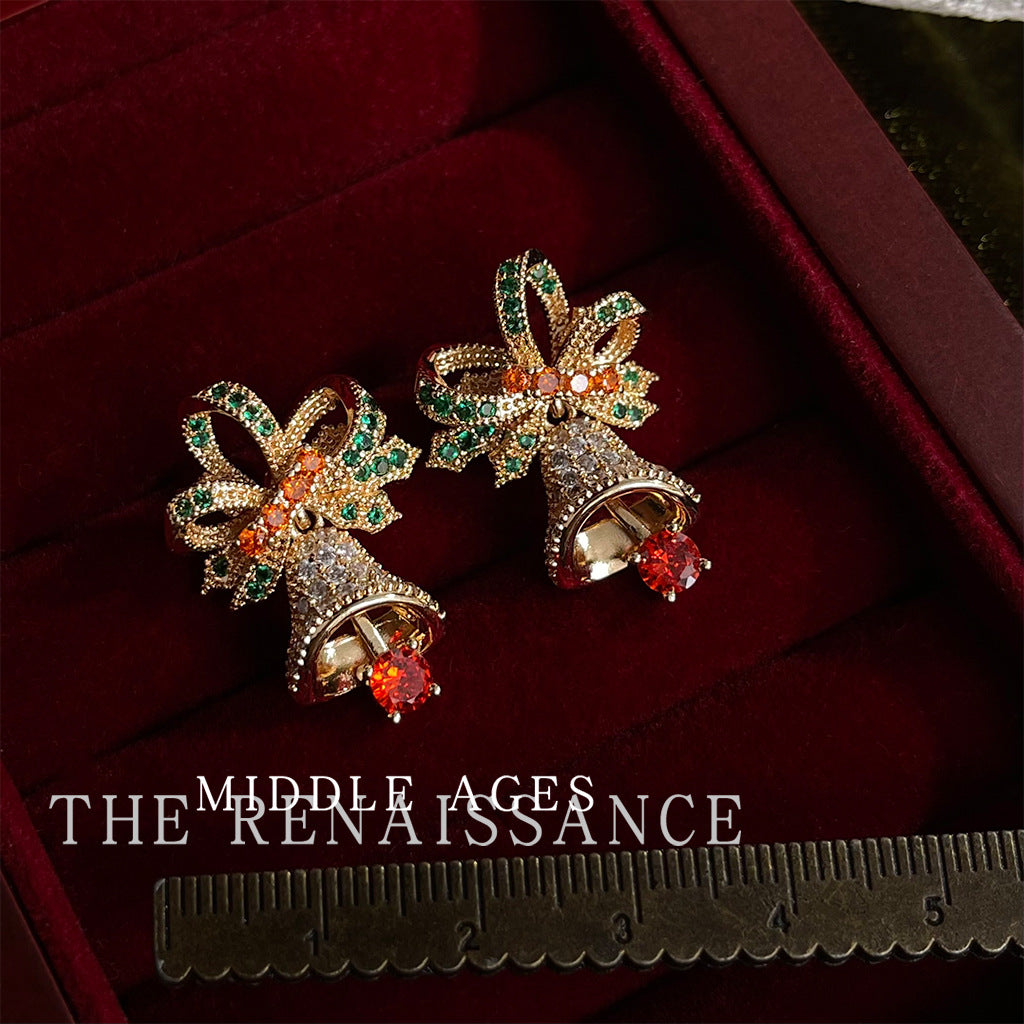 Christmas limited ~vintage Christmas series zircon bell bow earrings