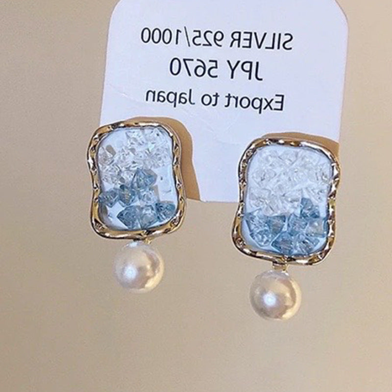 Silver needle gradient blue butterfly flower earrings