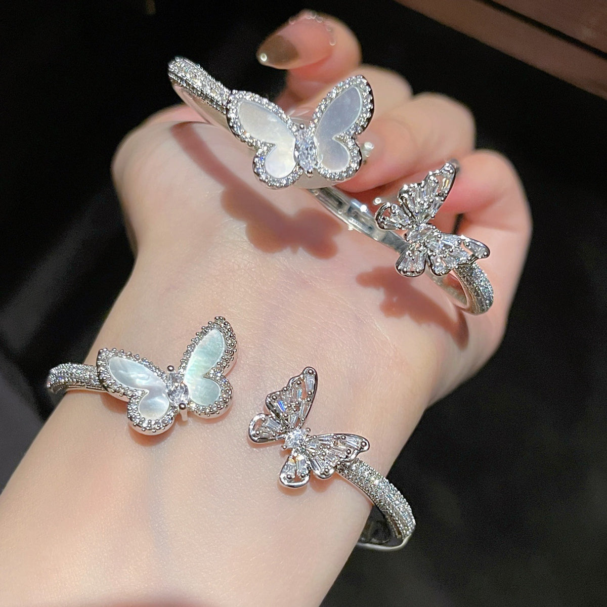 Zircon Mother-of-Pearl Butterfly Open Bangle Bracelet