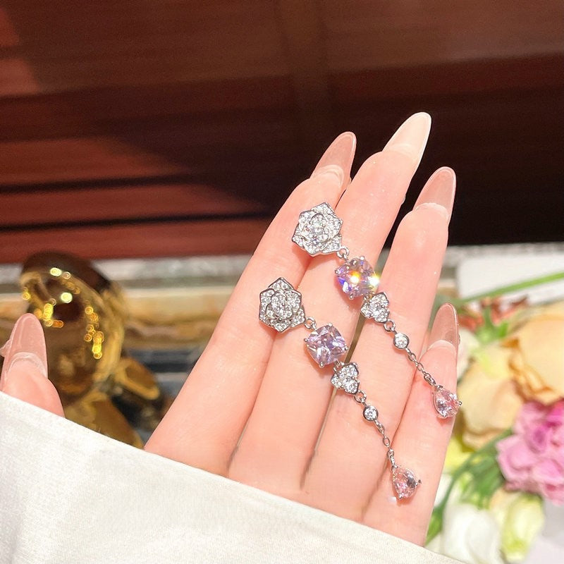 18K gold-plated rose flower gem zircon flash diamond earrings ring necklace set