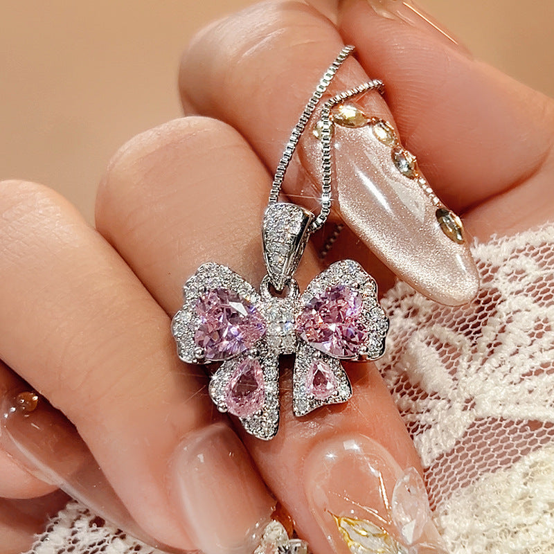 Pink diamond zircon bow earrings ring necklace set