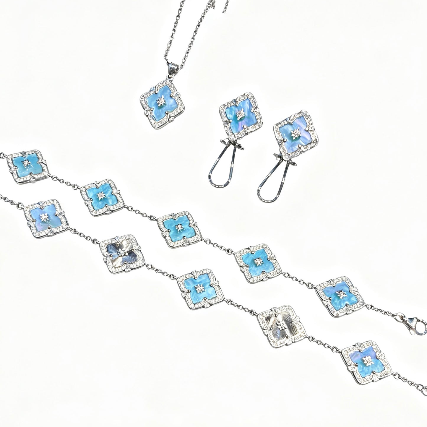 Limited‑Edition Monet Oil‑Painting Four‑Leaf‑Clover Jewelry Set, Bracelet, Necklace, Earrings & Ring
