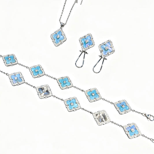 Limited‑Edition Monet Oil‑Painting Four‑Leaf‑Clover Jewelry Set, Bracelet, Necklace, Earrings & Ring