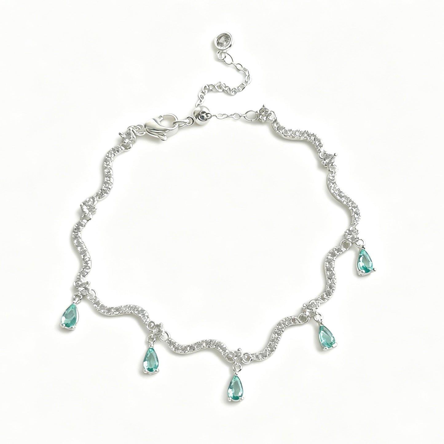 Micro‑Paved Teardrop Green Crystal Silver Bracelet