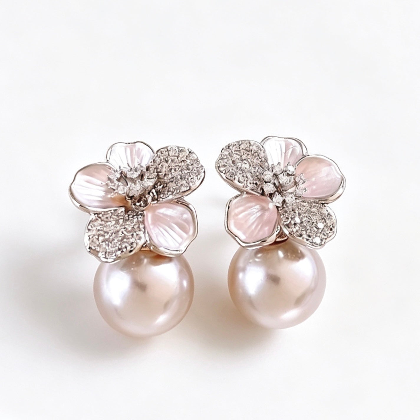 Micro‑Paved Cubic Zirconia Flower Pearl Drop Earrings