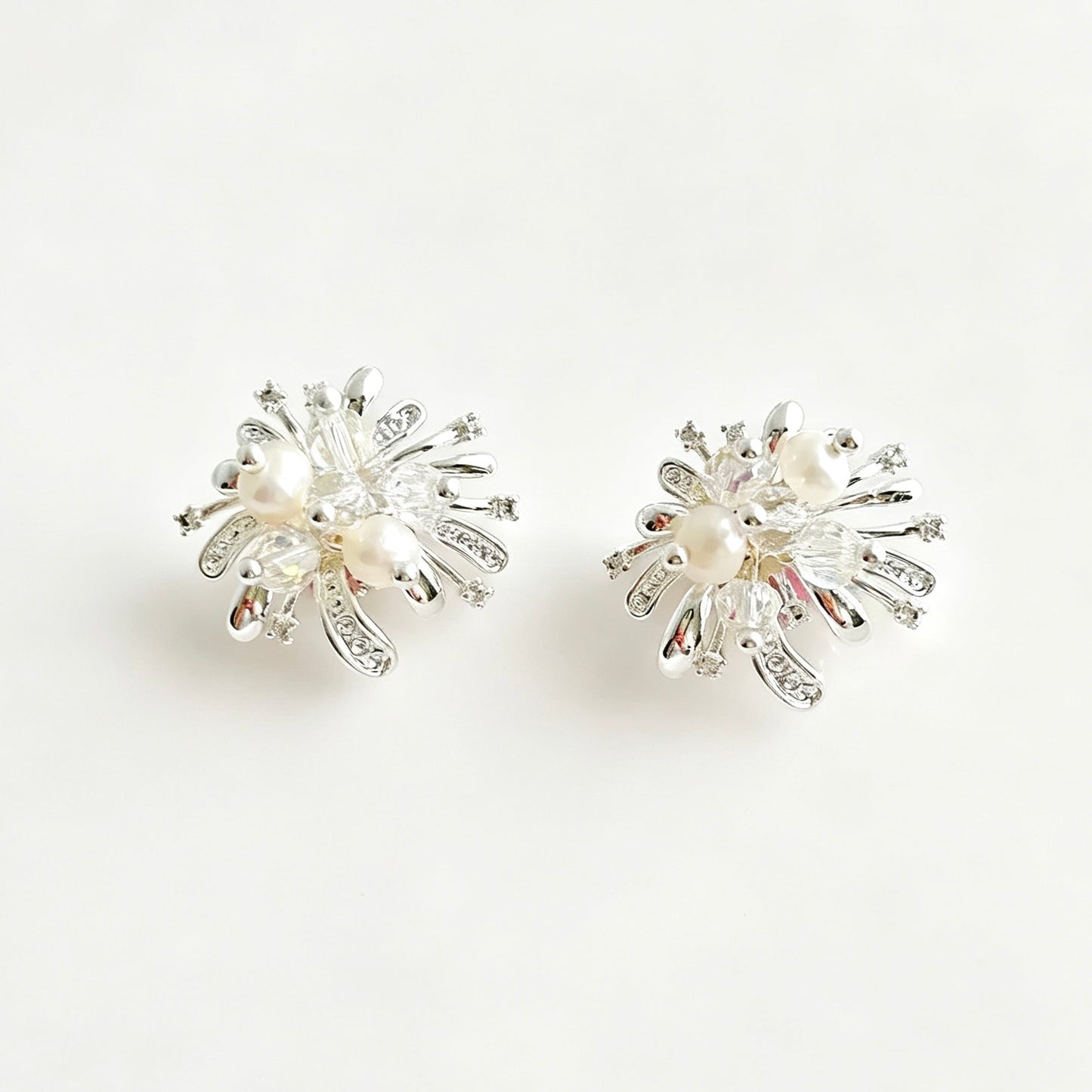 925 Sterling Silver Needle Dazzling Micro‑Paved Zircon Firework‑Shaped Crystal Pearl Stud Earrings