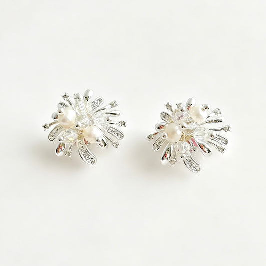 925 Sterling Silver Needle Dazzling Micro‑Paved Zircon Firework‑Shaped Crystal Pearl Stud Earrings