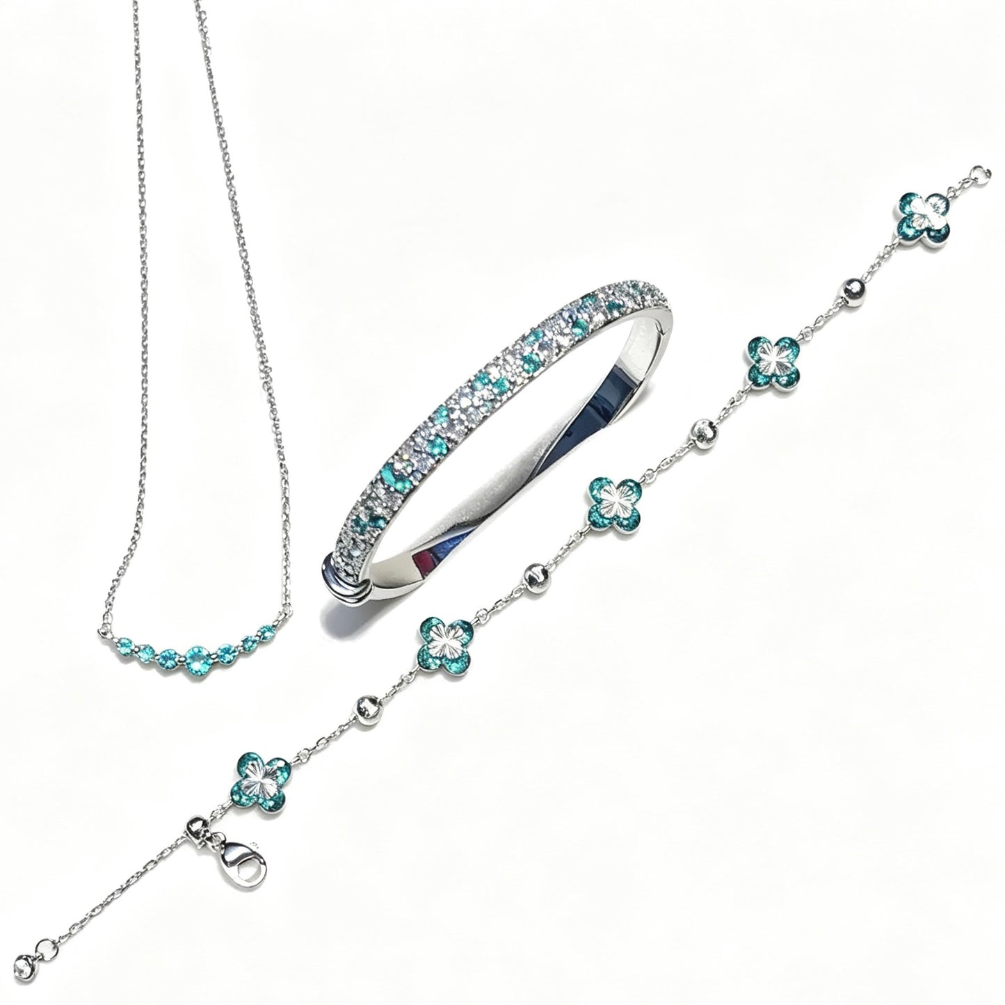 Real Gold‑Plated Paraiba Mint Salt Ice Jewelry Set, Smile Necklace & Full‑Paved Zircon Bracelet