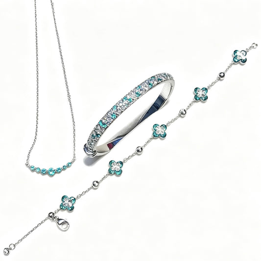 Real Gold‑Plated Paraiba Mint Salt Ice Jewelry Set, Smile Necklace & Full‑Paved Zircon Bracelet