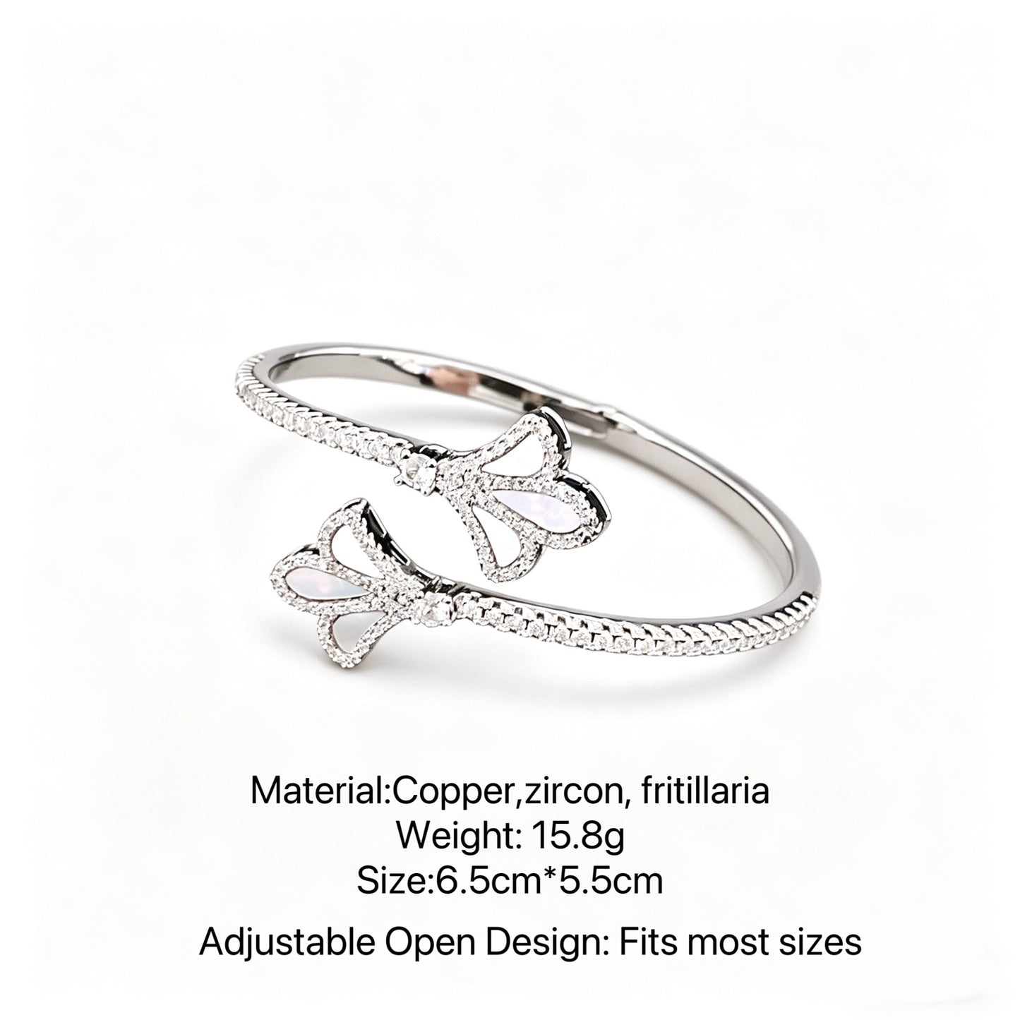18K Gold Plated Zircon Mother-of-Pearl Iris Open Bracelet and Ring