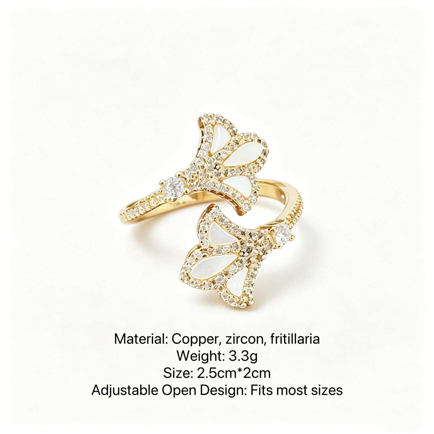 18K Gold Plated Zircon Mother-of-Pearl Iris Open Bracelet and Ring