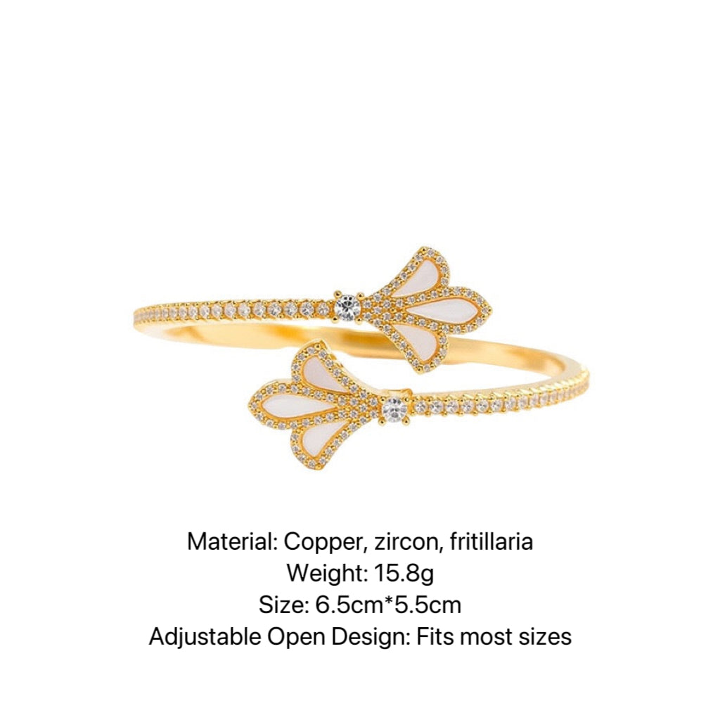18K Gold Plated Zircon Mother-of-Pearl Iris Open Bracelet and Ring