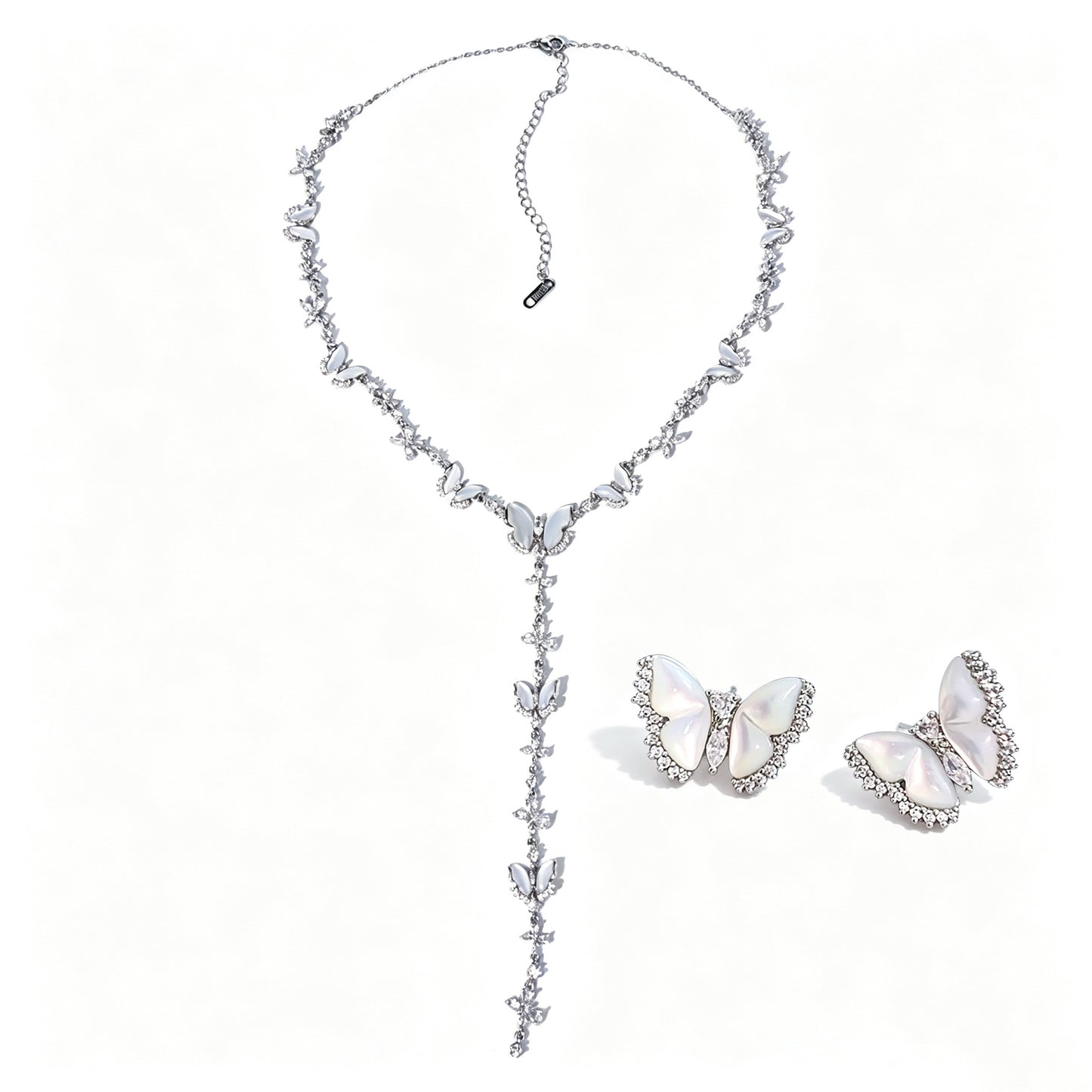 Natural Mother-of-Pearl & Zircon Butterfly Necklace and Earrings