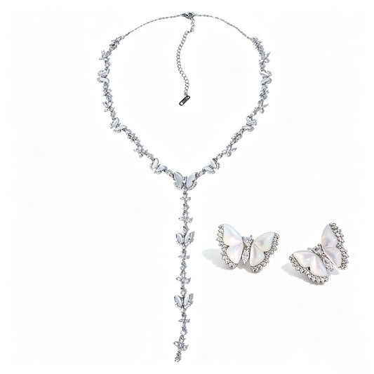 Natural Mother-of-Pearl & Zircon Butterfly Necklace and Earrings