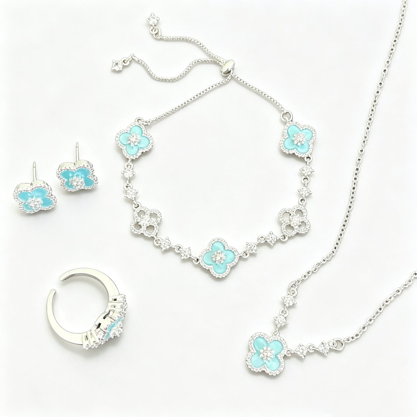 Sky Blue Four-Leaf Clover Jewelry Set