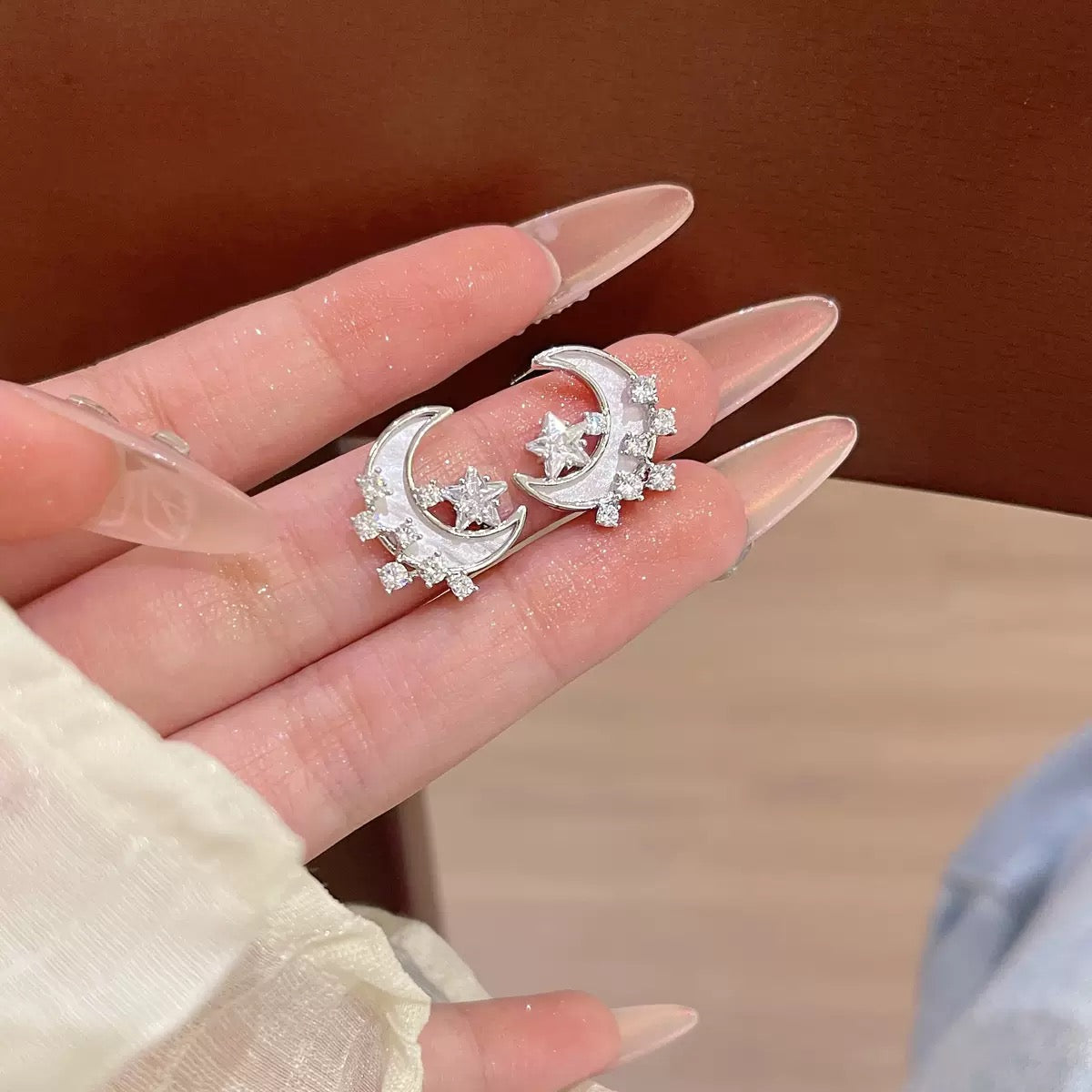 Thick Real Gold‑Plated Silver Pin Moon Shell Earrings