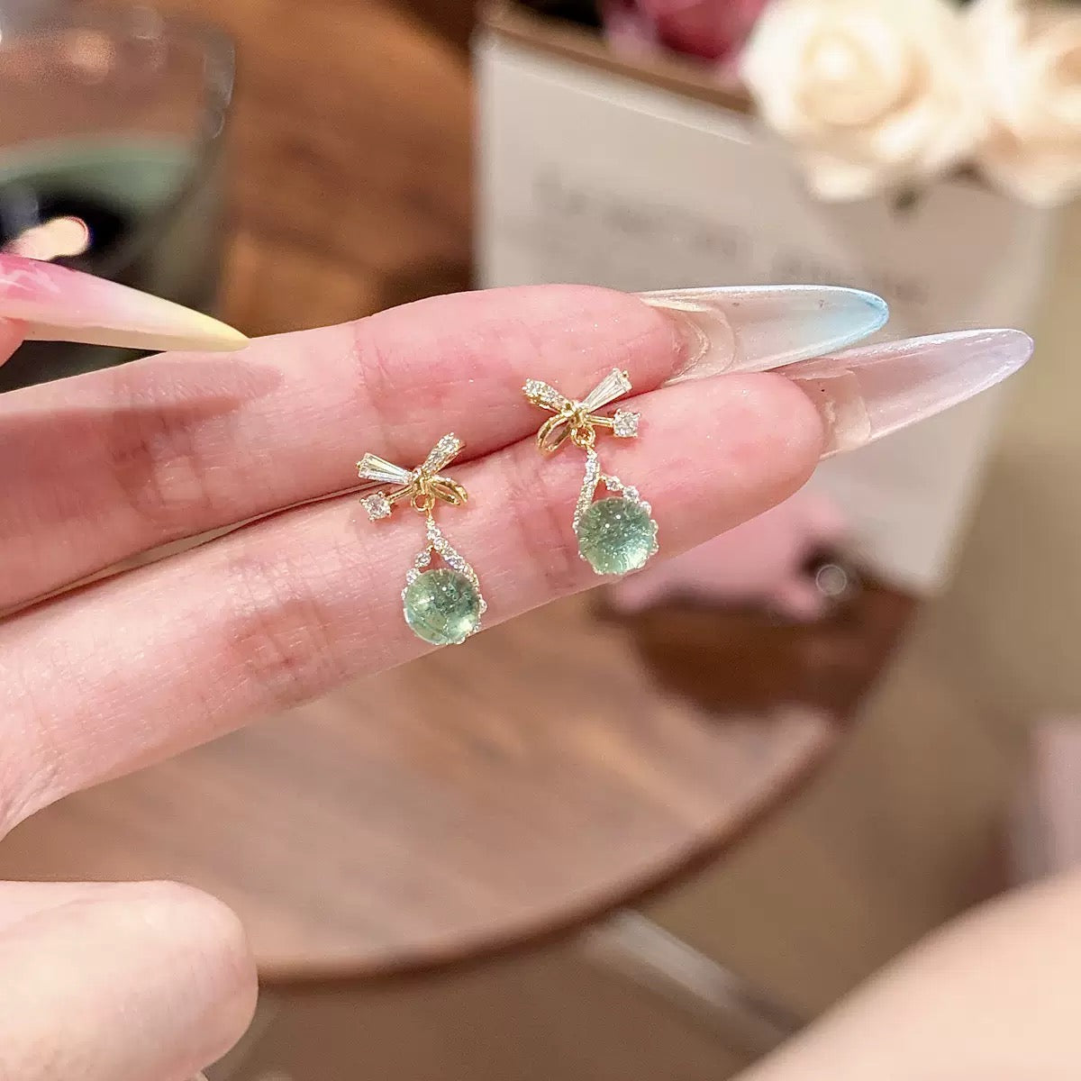 Thick Real Gold‑Plated 925 Sterling‑Silver Bow Drop Zircon Stud Earrings