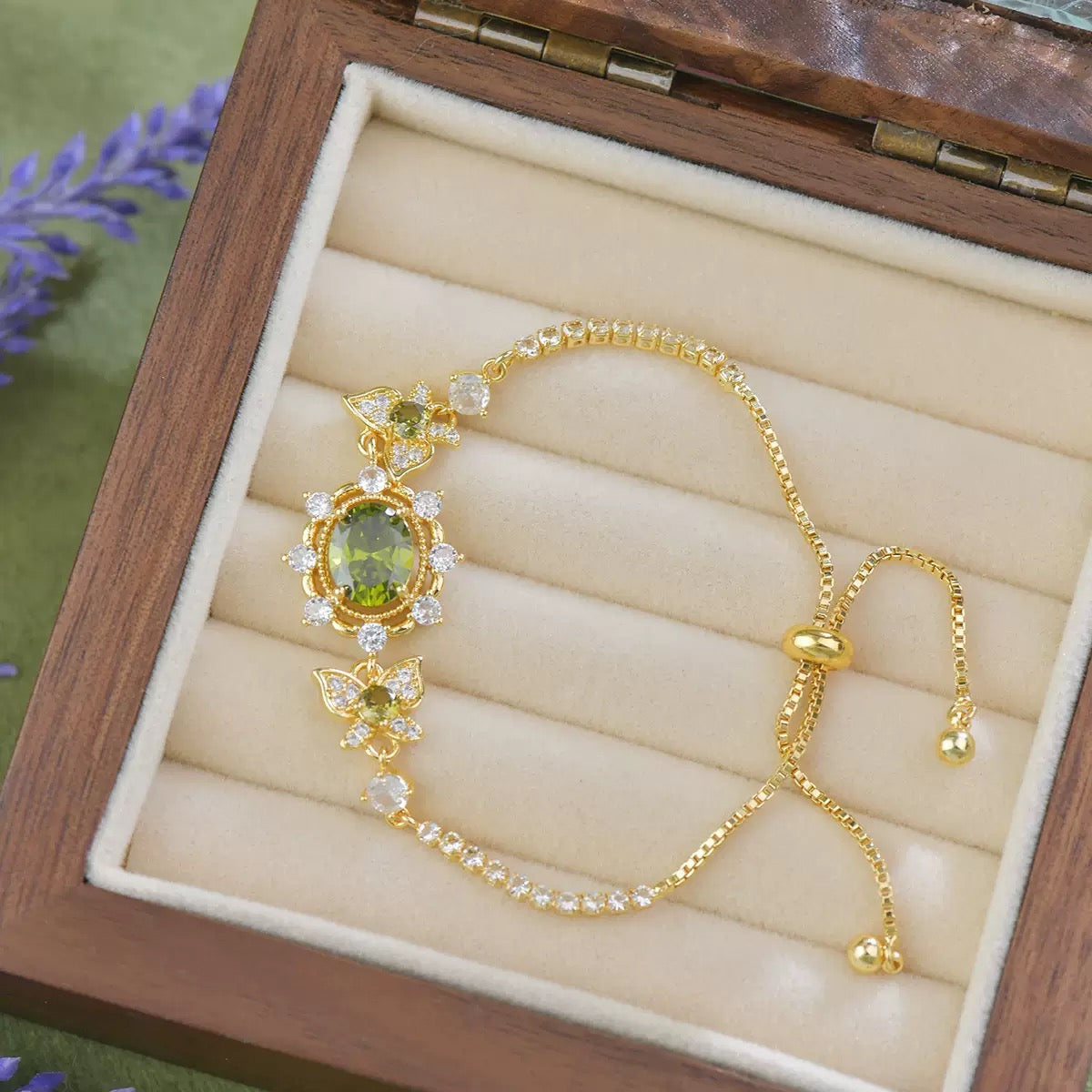 Olive‑Green Zircon Lavender Manor Series Butterfly Jewelry Set, Earrings Necklace Bracelet Rings