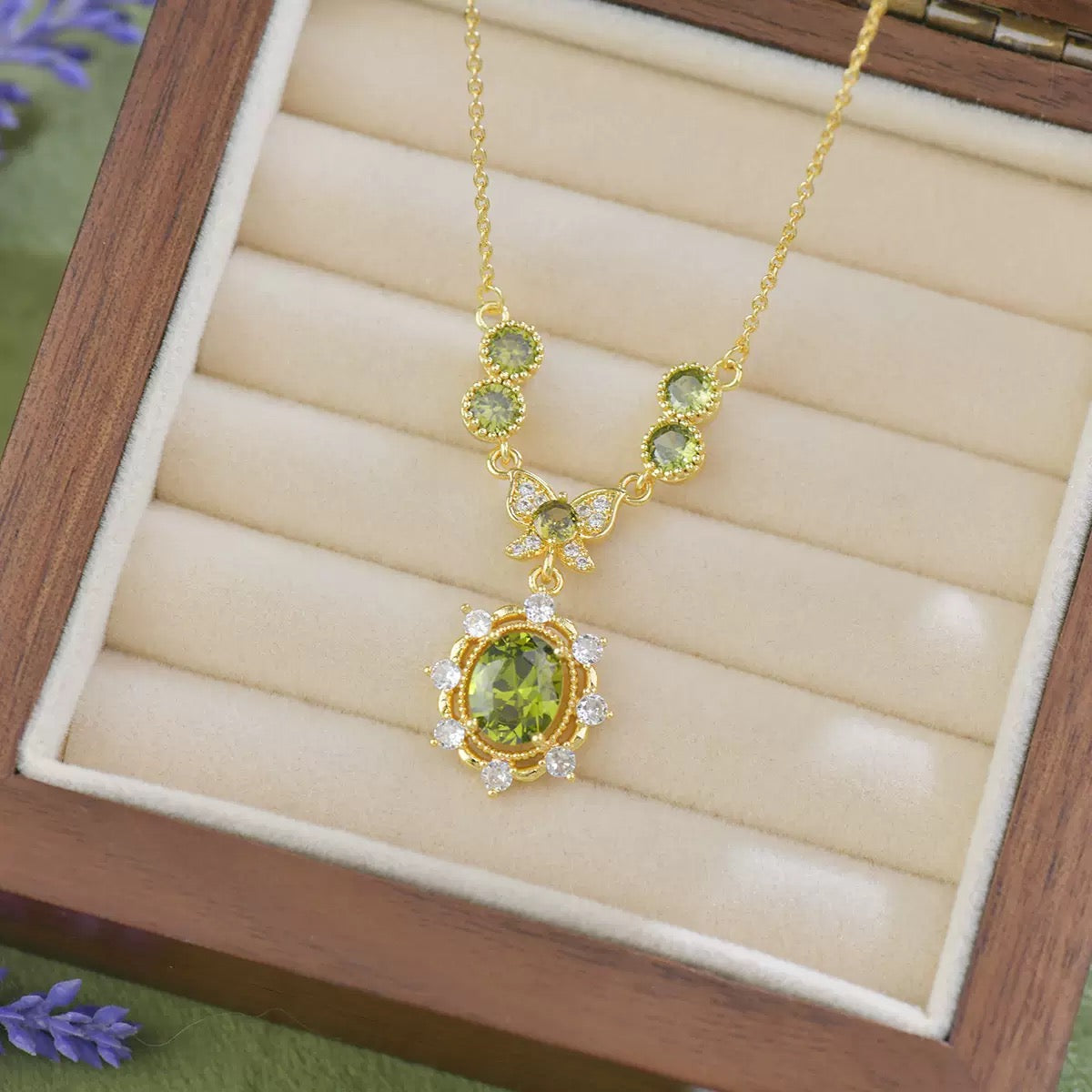 Olive‑Green Zircon Lavender Manor Series Butterfly Jewelry Set, Earrings Necklace Bracelet Rings