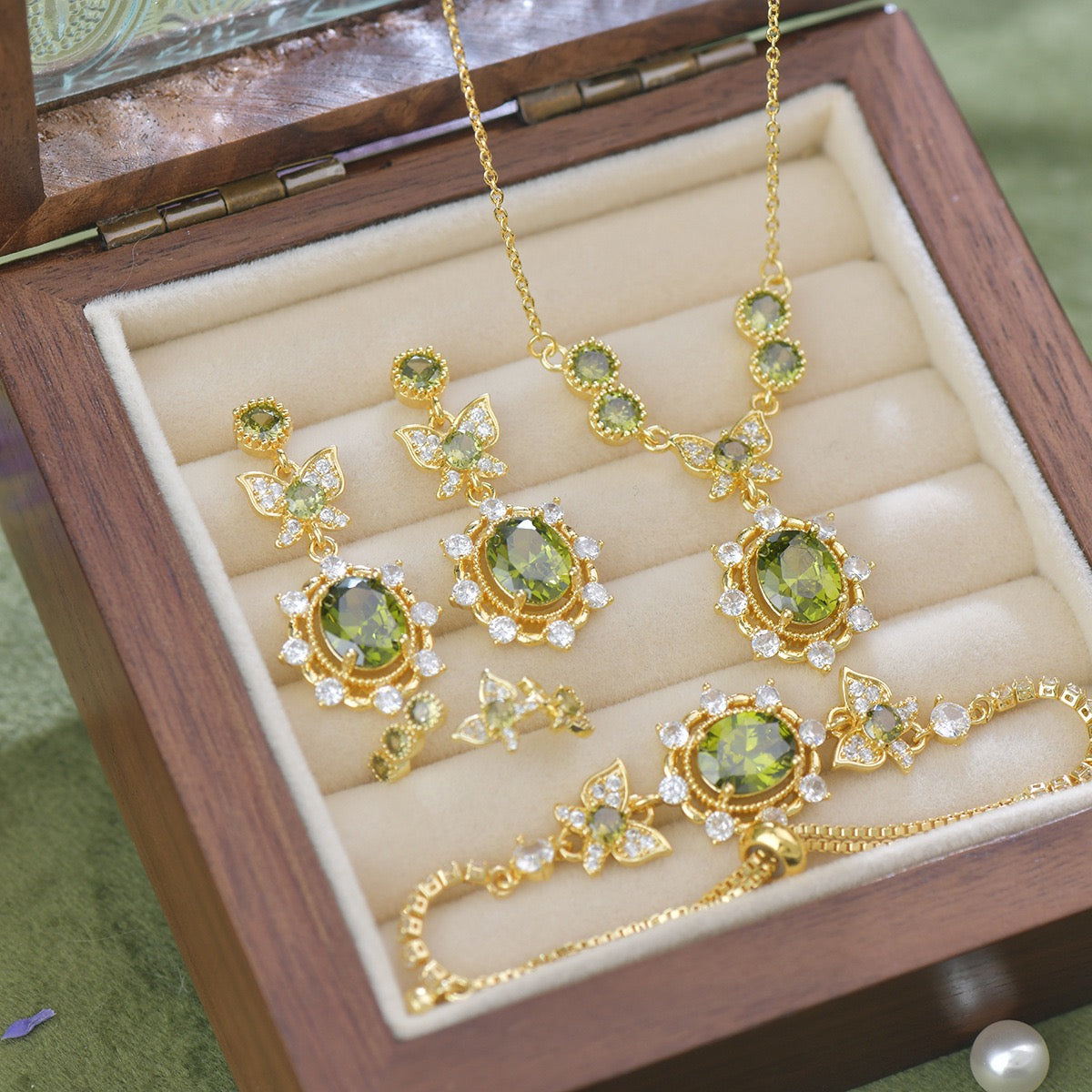 Olive‑Green Zircon Lavender Manor Series Butterfly Jewelry Set, Earrings Necklace Bracelet Rings