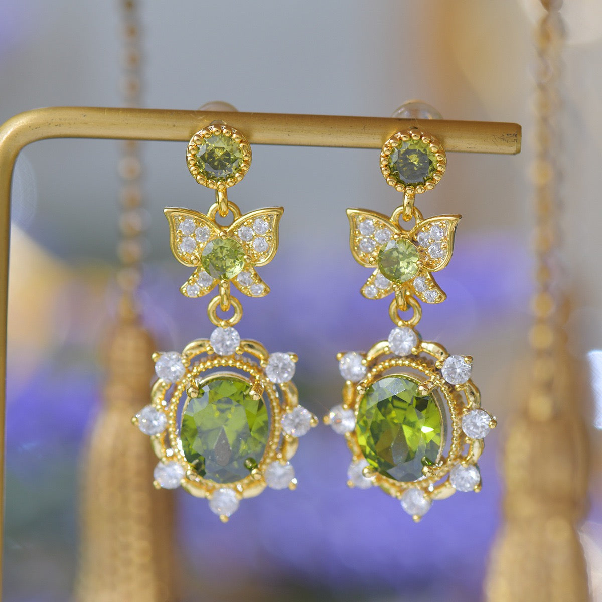 Olive‑Green Zircon Lavender Manor Series Butterfly Jewelry Set, Earrings Necklace Bracelet Rings