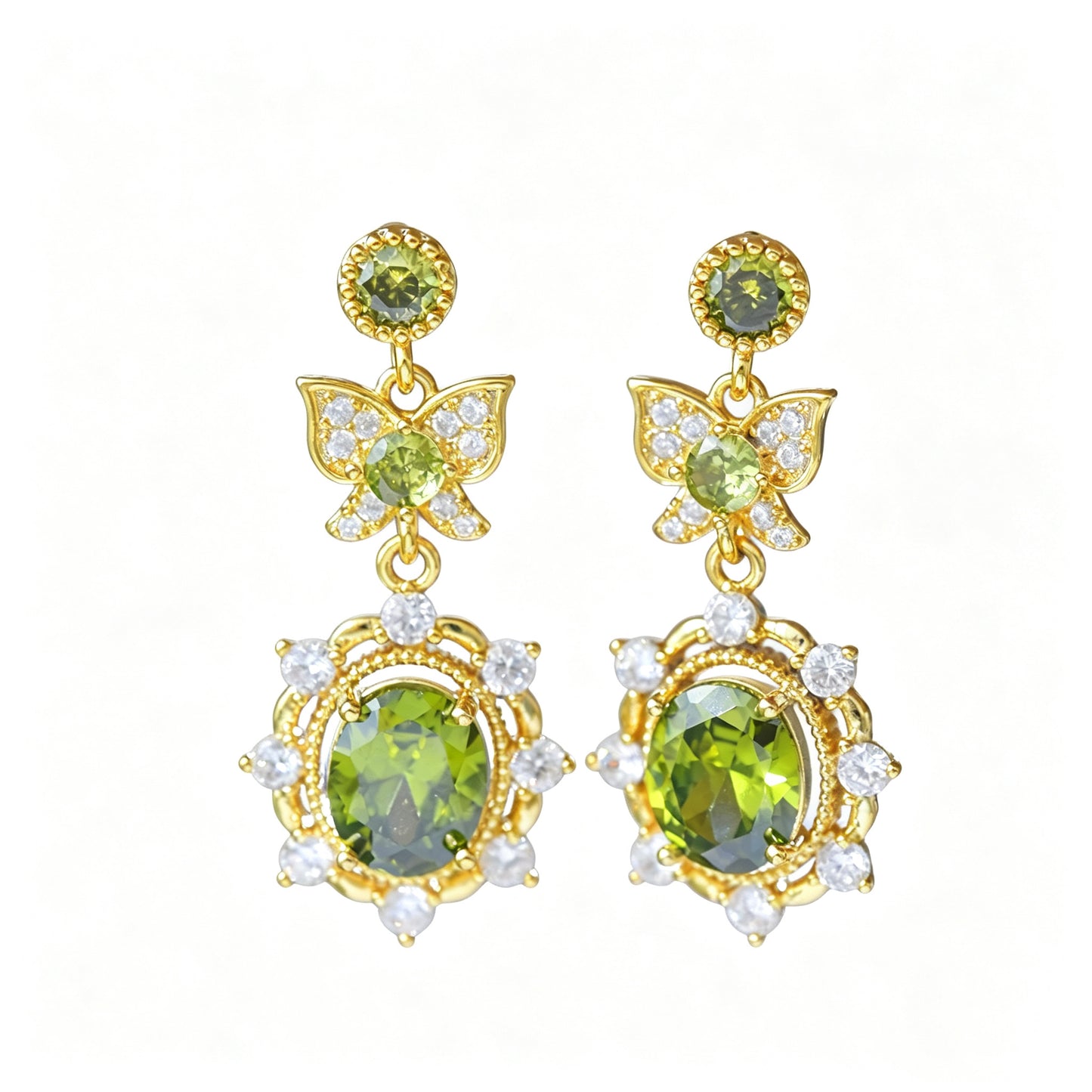Olive‑Green Zircon Lavender Manor Series Butterfly Jewelry Set, Earrings Necklace Bracelet Rings