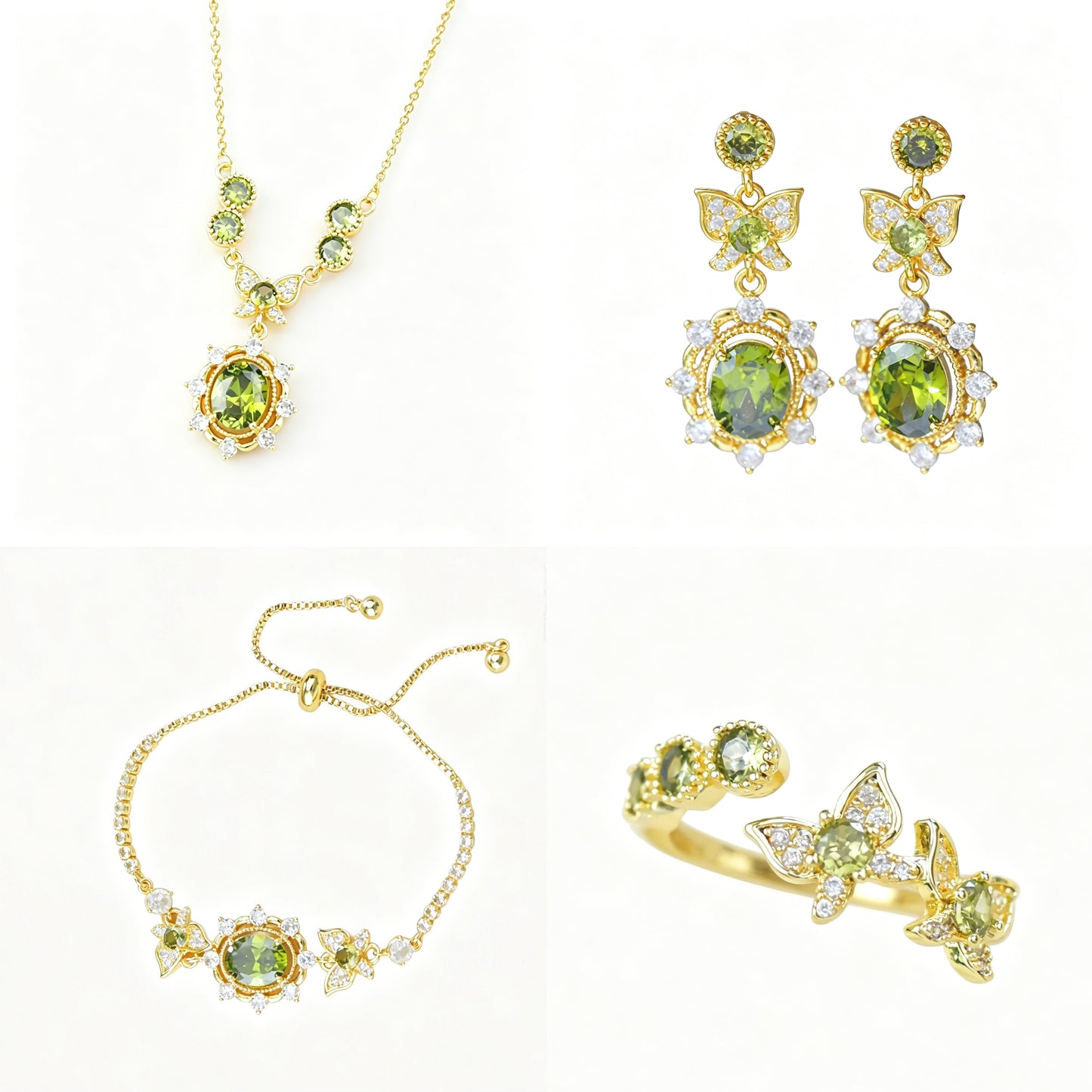 Olive‑Green Zircon Lavender Manor Series Butterfly Jewelry Set, Earrings Necklace Bracelet Rings