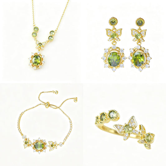 Olive‑Green Zircon Lavender Manor Series Butterfly Jewelry Set, Earrings Necklace Bracelet Rings