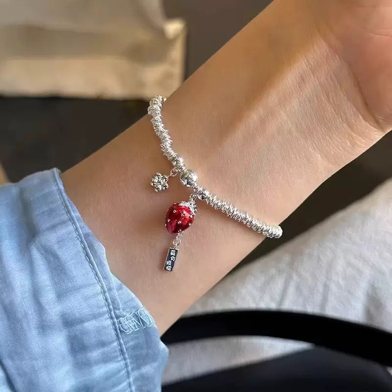 S925 Sterling Silver Red Strawberry Charm Bracelet