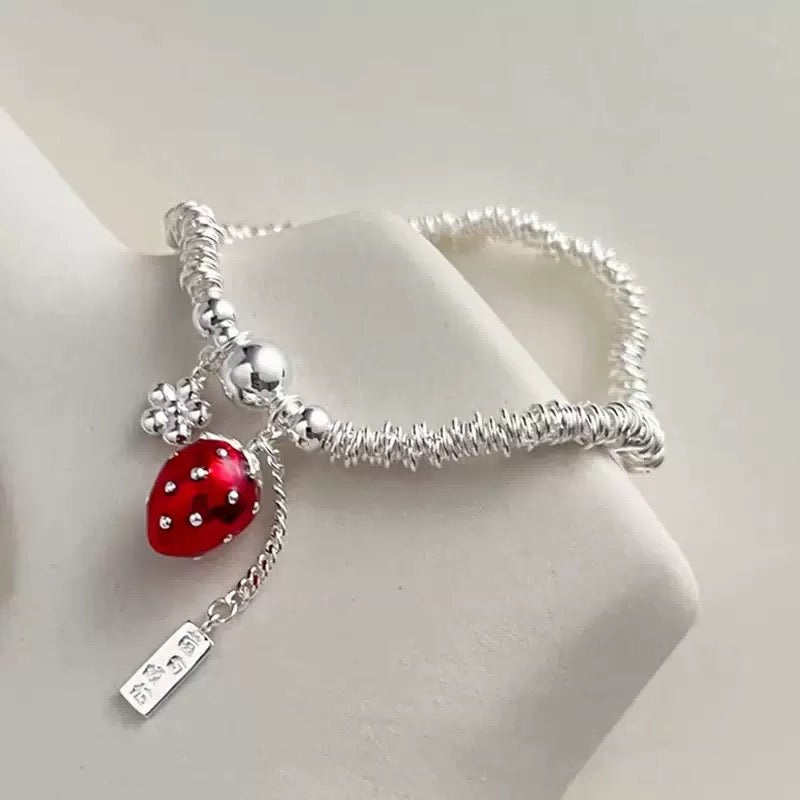 S925 Sterling Silver Red Strawberry Charm Bracelet