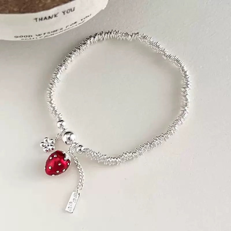 S925 Sterling Silver Red Strawberry Charm Bracelet