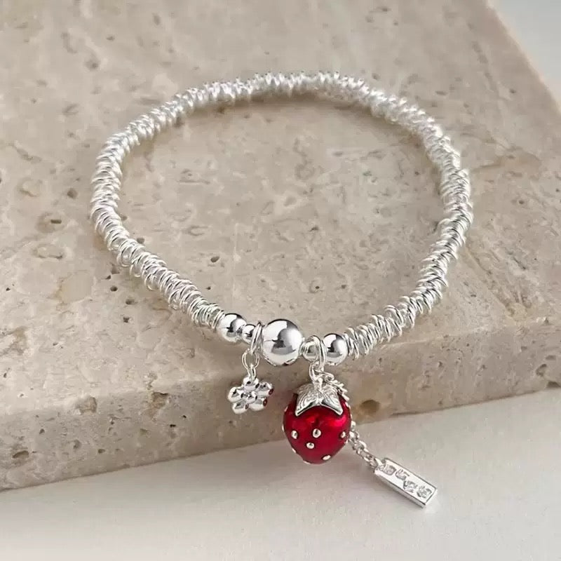 S925 Sterling Silver Red Strawberry Charm Bracelet