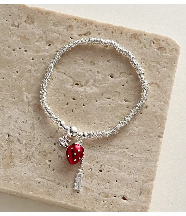 S925 Sterling Silver Red Strawberry Charm Bracelet