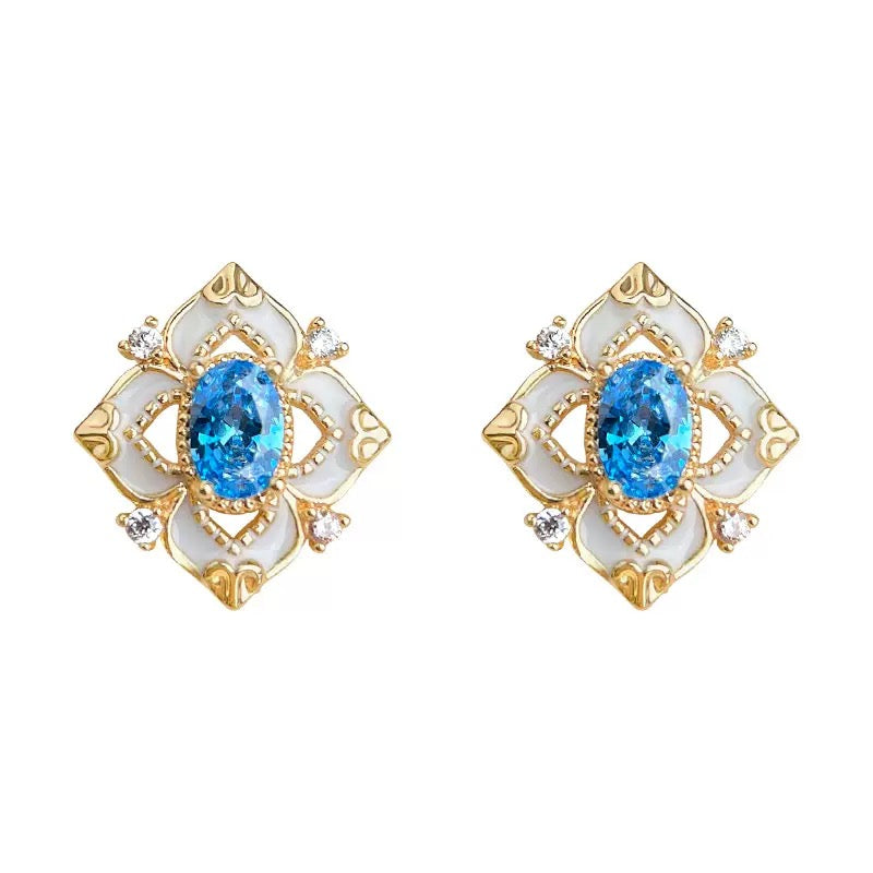 Aquamarine Micro‑Pavé Zircon Enamel 14K Gold‑Plated Silver Stud Earrings