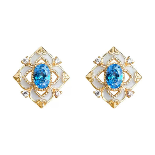 Aquamarine Micro‑Pavé Zircon Enamel 14K Gold‑Plated Silver Stud Earrings