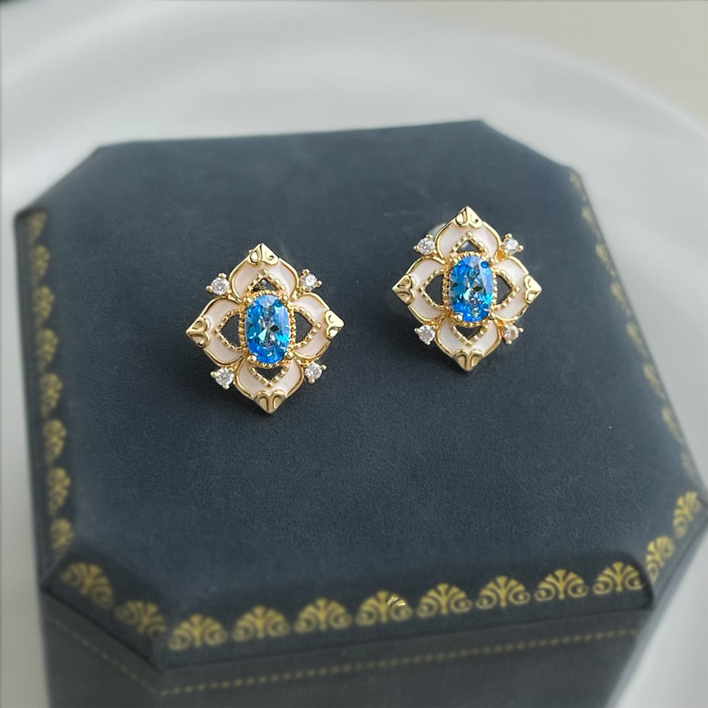 Aquamarine Micro‑Pavé Zircon Enamel 14K Gold‑Plated Silver Stud Earrings