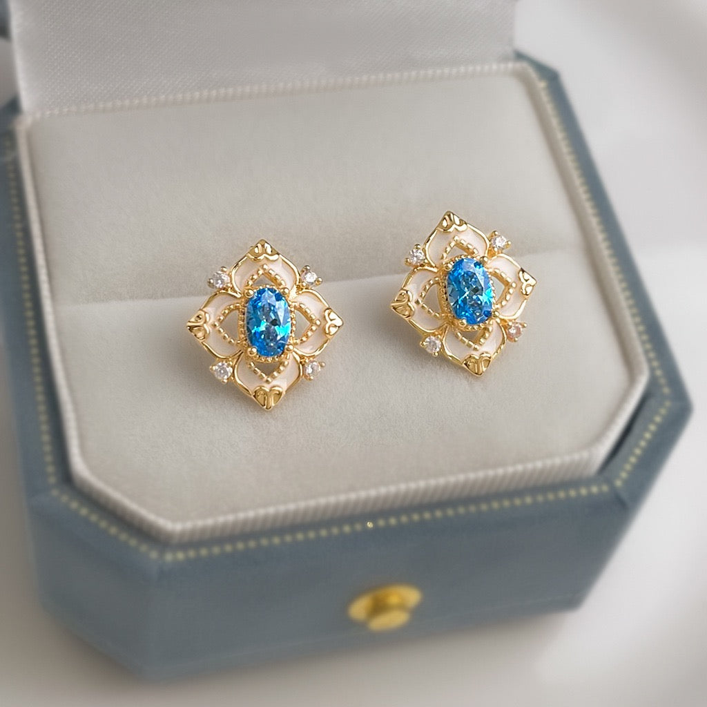 Aquamarine Micro‑Pavé Zircon Enamel 14K Gold‑Plated Silver Stud Earrings