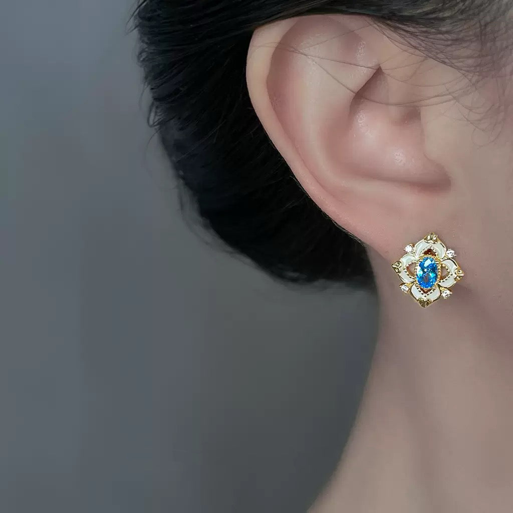 Aquamarine Micro‑Pavé Zircon Enamel 14K Gold‑Plated Silver Stud Earrings