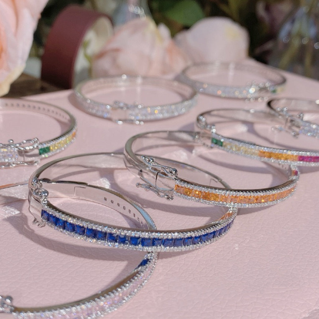 Real Gold‑Plated Color‑Stones Inlaid Bangle Bracelet, Long‑Lasting Plating