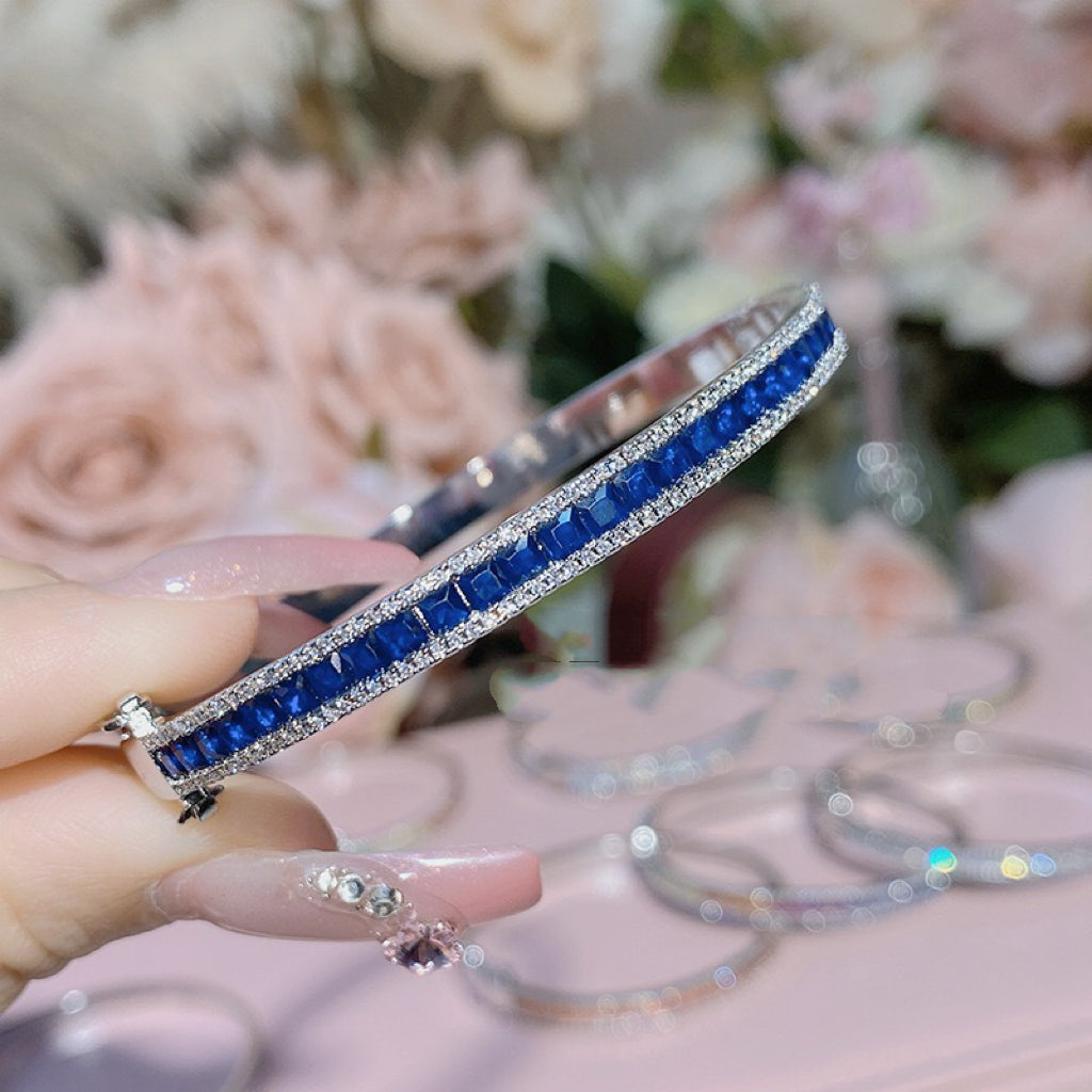 Real Gold‑Plated Color‑Stones Inlaid Bangle Bracelet, Long‑Lasting Plating