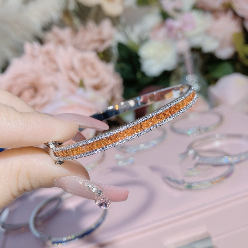 Real Gold‑Plated Color‑Stones Inlaid Bangle Bracelet, Long‑Lasting Plating
