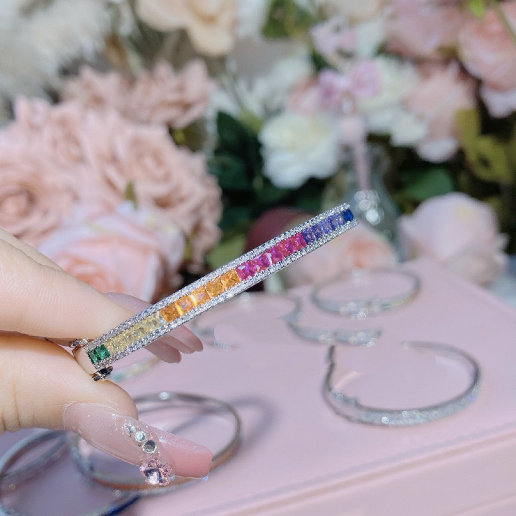 Real Gold‑Plated Color‑Stones Inlaid Bangle Bracelet, Long‑Lasting Plating