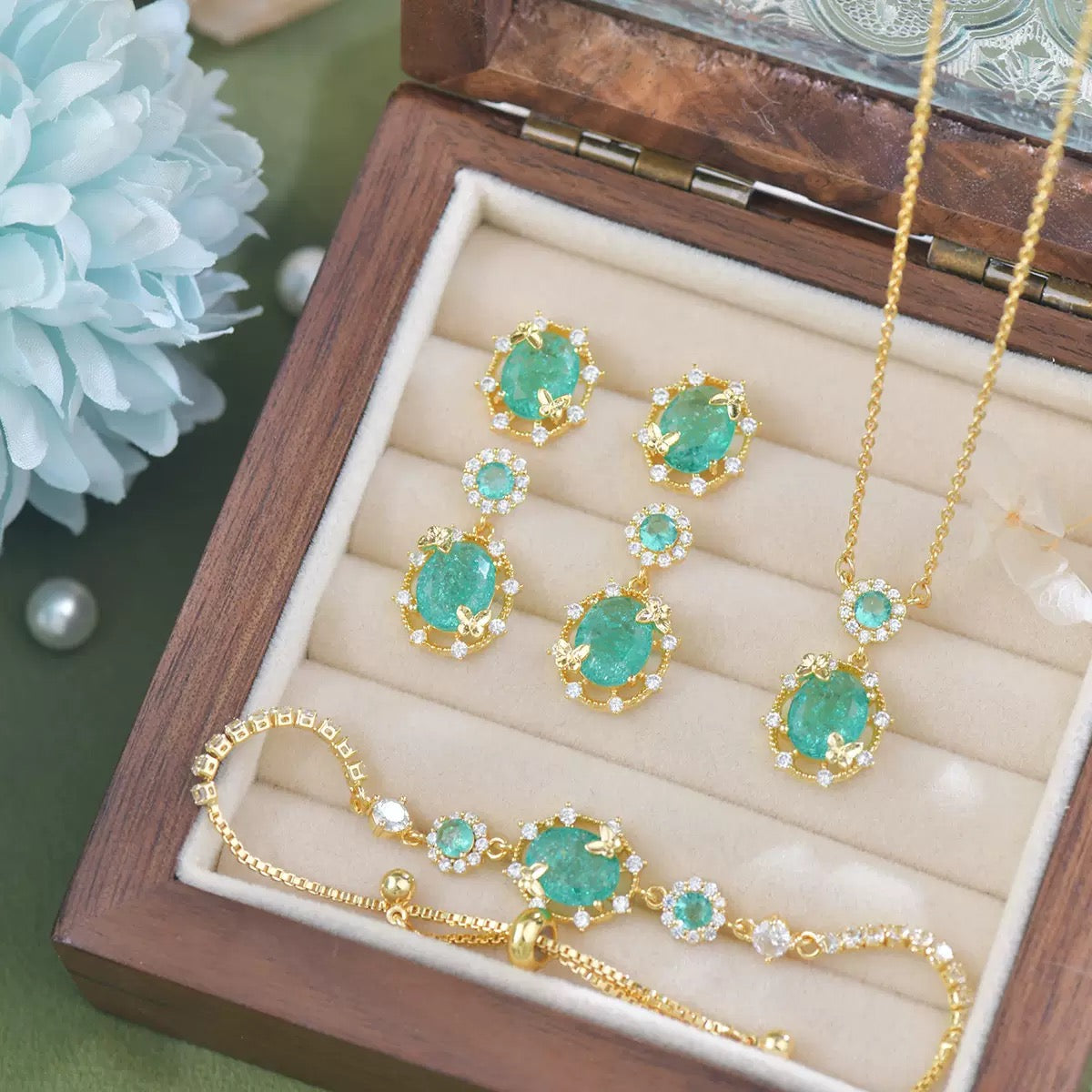 Ice‑Flake Zircon Lake‑Blue Butterfly Jewelry Set Necklace Bracelet Earrings