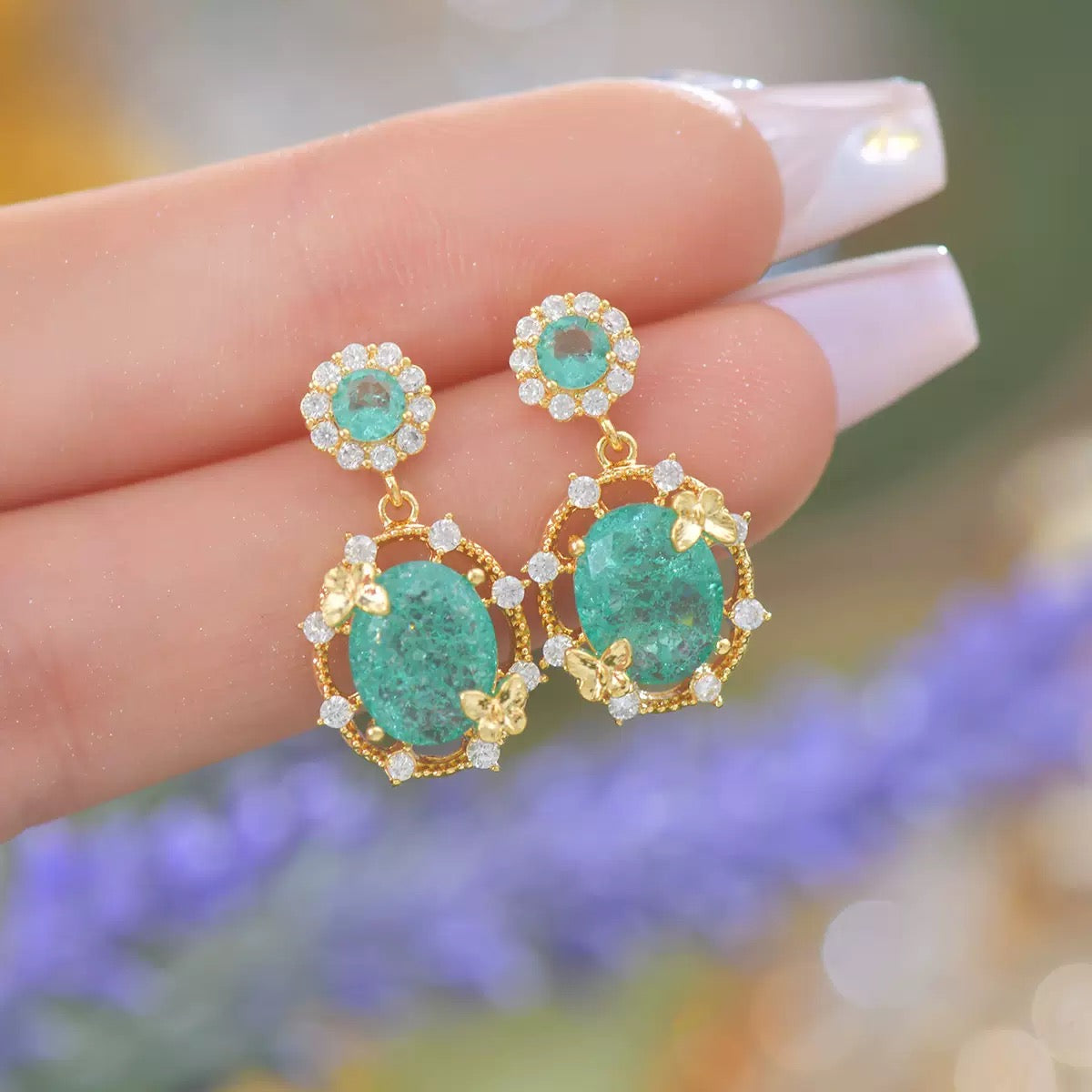 Ice‑Flake Zircon Lake‑Blue Butterfly Jewelry Set Necklace Bracelet Earrings